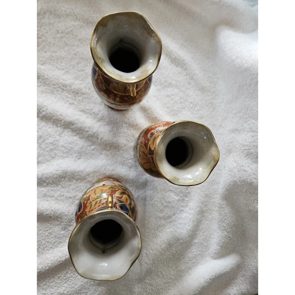 Vintage Set Of 3 hand paint Chinese Decorative Vase Coastal Birds Flowers 8 Inch
